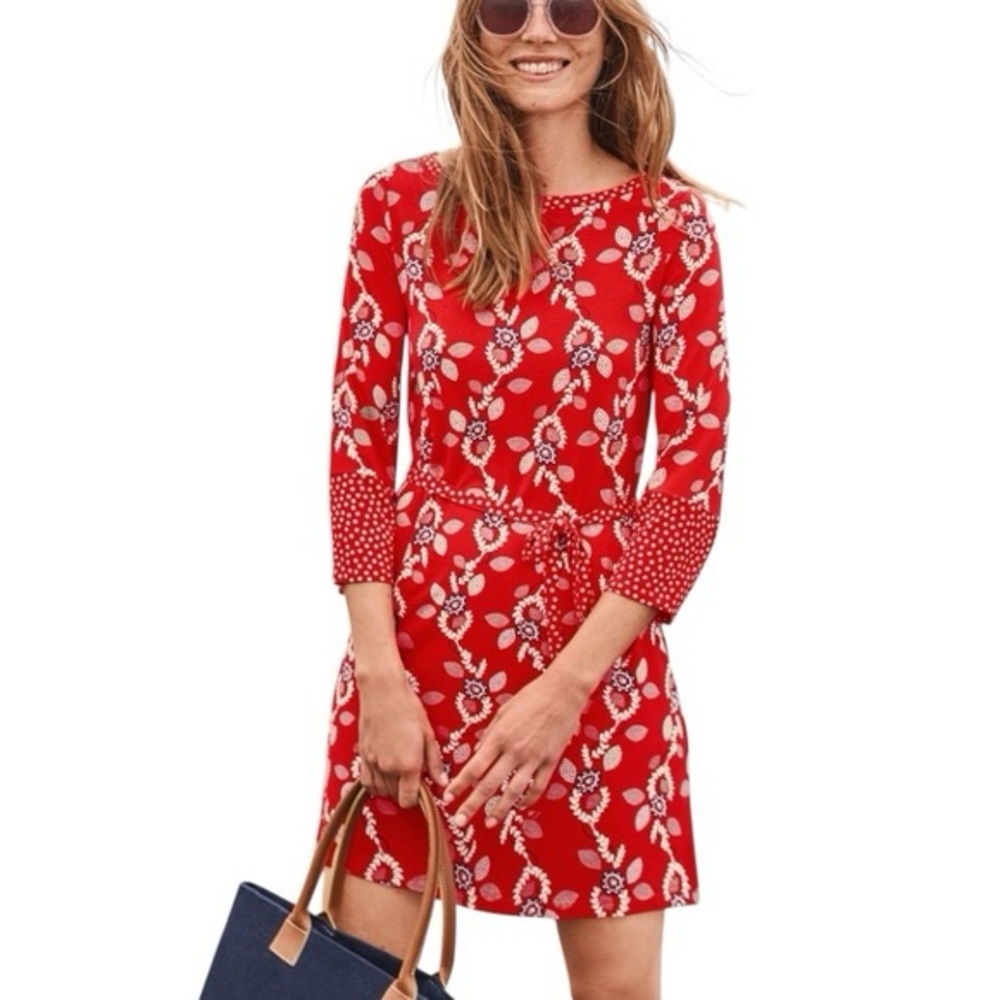 Boden Red Floral Long Sleeve Tie-Waist Dress